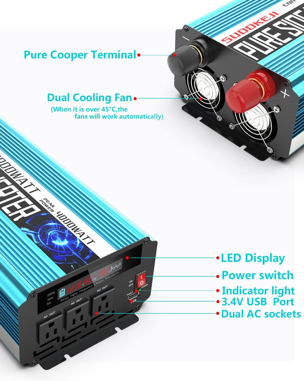 2000W Pure Sine Wave Power Inverter 12V DC to AC 110V/120V Converter with LCD Display R2008