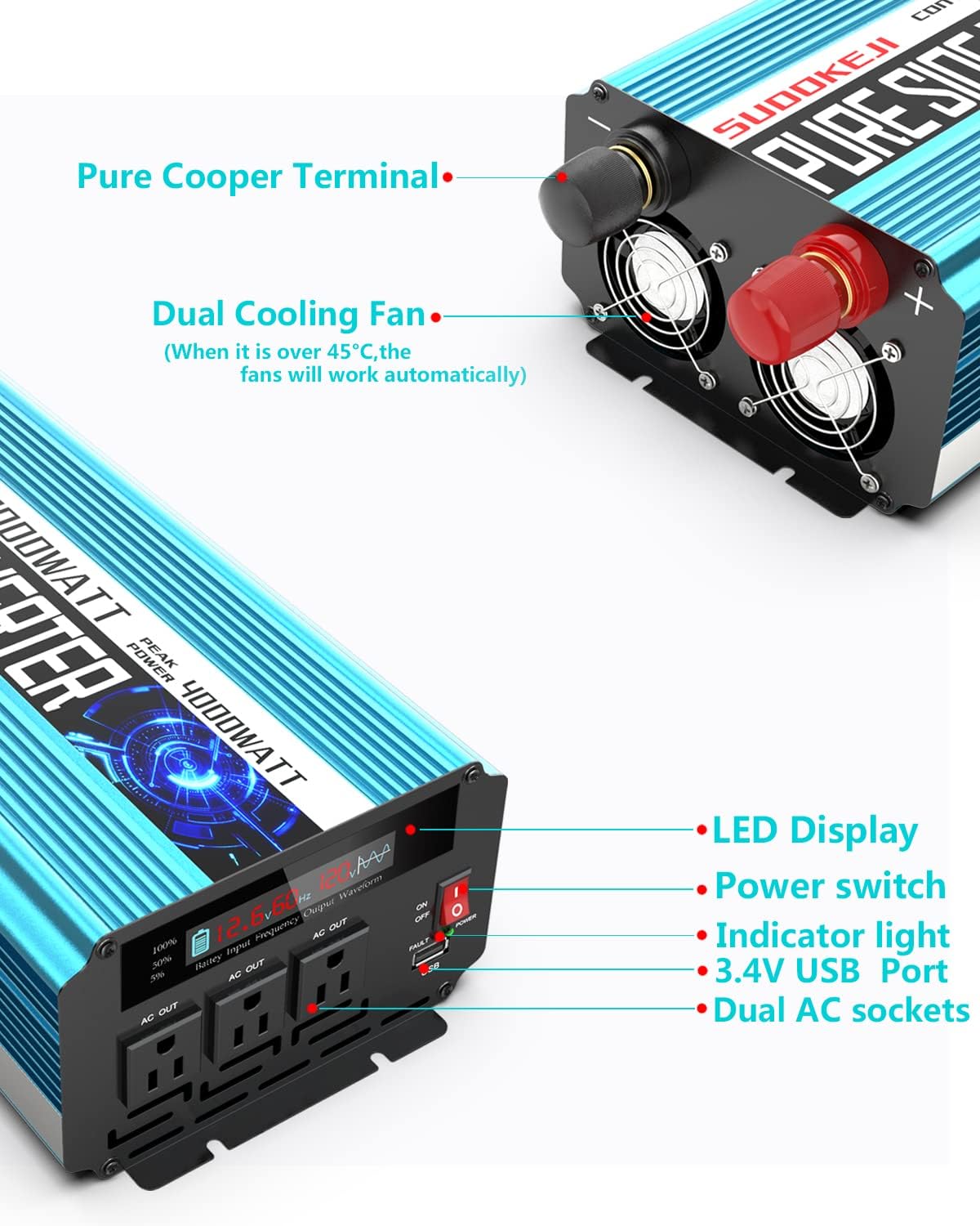 2000W Pure Sine Wave Power Inverter 12V DC to AC 110V/120V Converter with LCD Display R2008