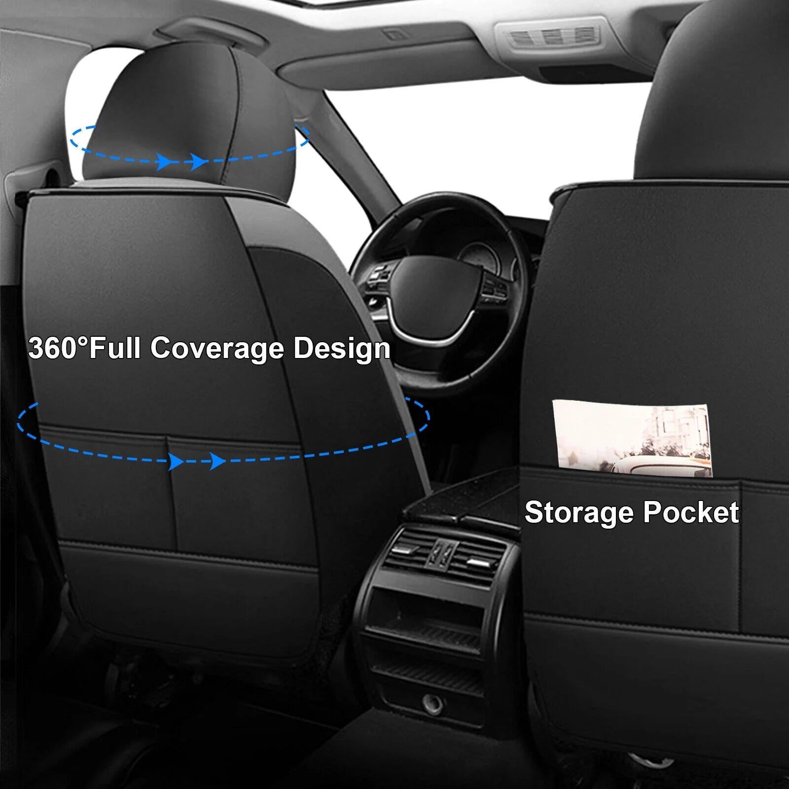 Black&Gray PU Leather 5 Seats Car Seat Cover Full Set E412753