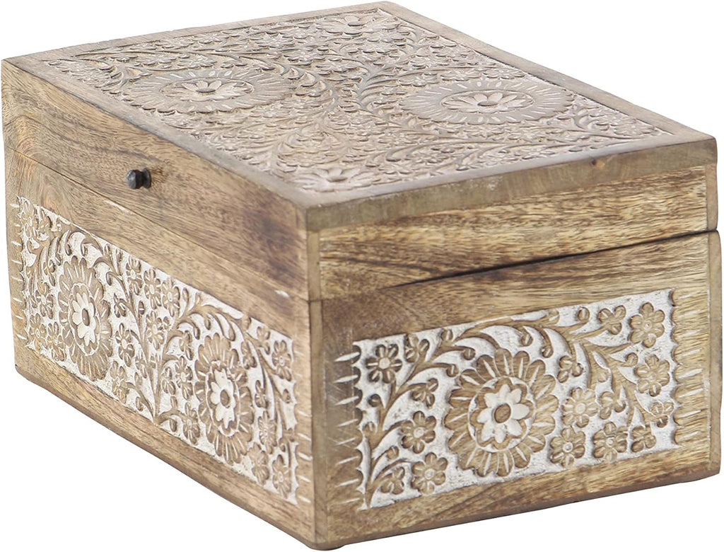 Natural Rectangular Carved Floral Wooden Boxes with Lid Set of 3 I648420