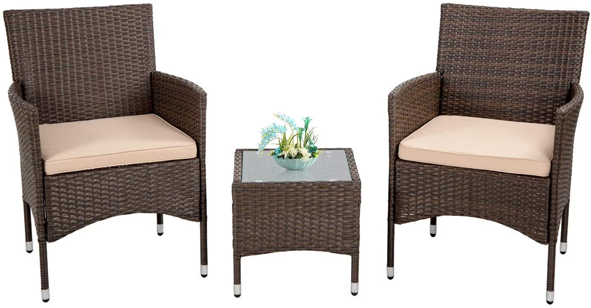 3 Pieces Wicker Bistro Set with Khaki Cushion Steel Frame H88682