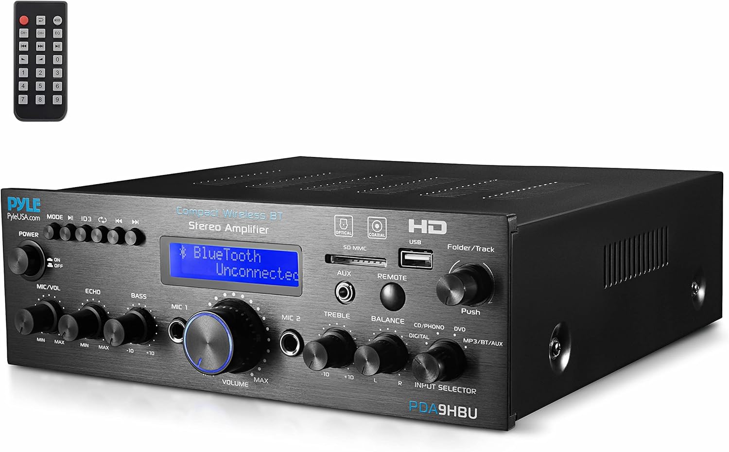 Pyle PDA9HBU.5 Wireless Bluetooth Stereo Amplifier, 200 Watt, HDMI, Optical, Phono, Coaxial, FM Radio, USB, SD, AUX, RCA, Mic, Remote Z999