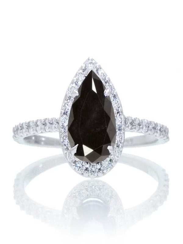 Pear Cut Black Moissanite Engagement Ring on 10k White Gold A1200