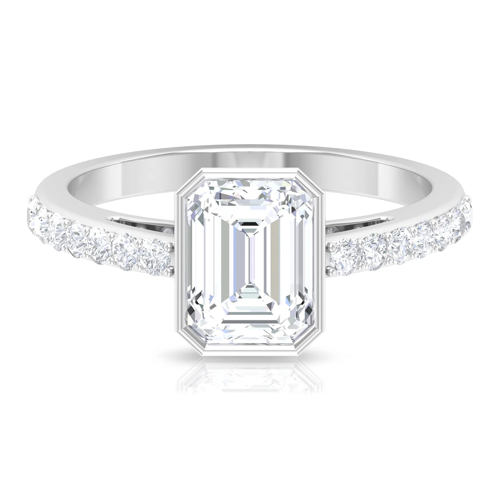 Octagon Cut Moissanite Solitaire Ring in Bezel Setting with Surface Side Stones, 10K White Gold, US 3.50 M2489