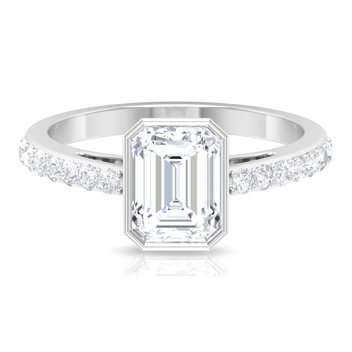 Octagon Cut Moissanite Solitaire Ring in Bezel Setting with Surface Side Stones, 10K White Gold, US 3.50 M2489