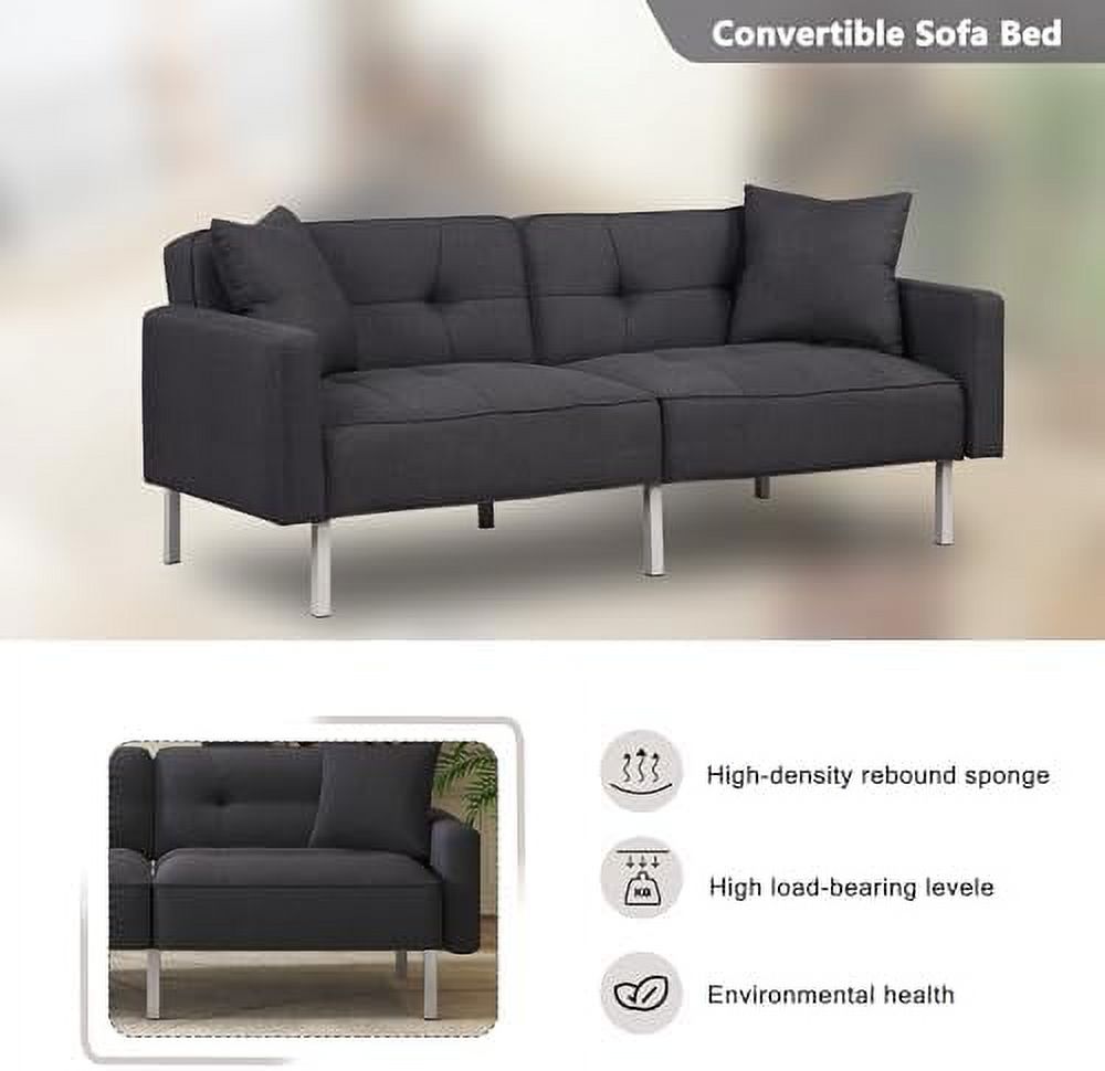 Black Linen Fabric Convertible Futon Sofa Bed with Metal Legs M859