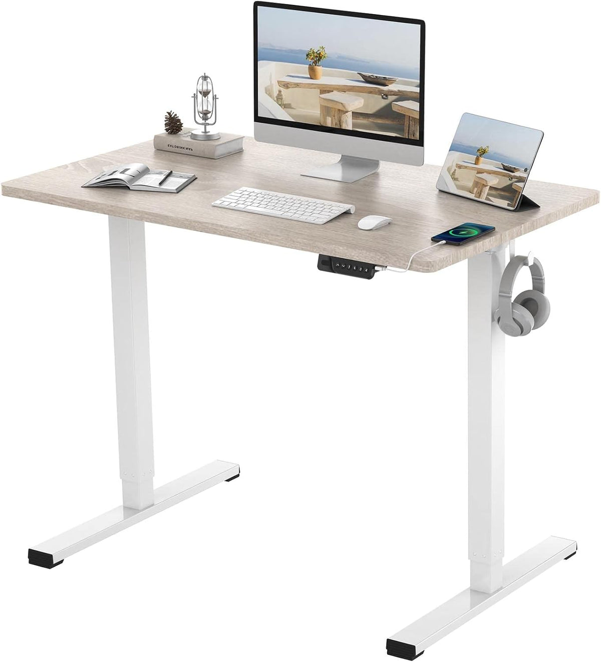 Bamboo Standing Desk 48 x 24 Inches Electric Sit Stand Up Desk with White Frame N325